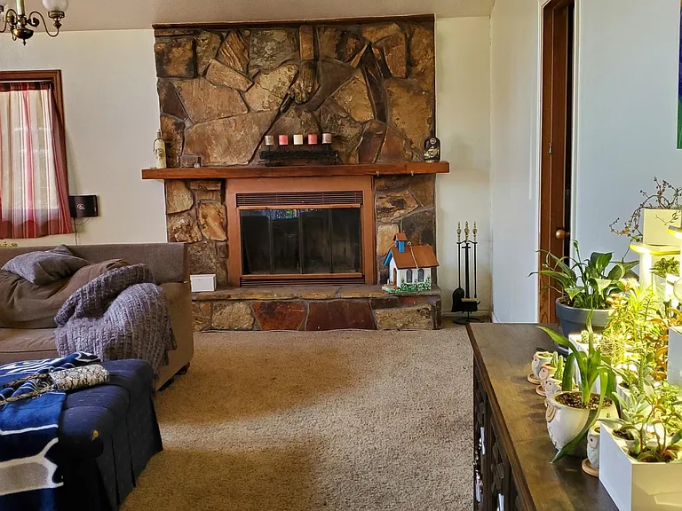 rock fireplace in living room