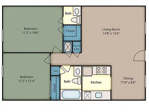 Floor plan 2 Bed 1 Bath with French Doors