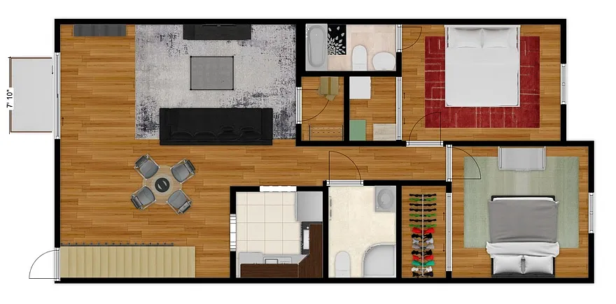 Floor plan 2BD 2BA with a Balcony