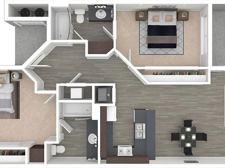 Lower-level center location apartment home with dual patios and open concept kitchen. Split bedrooms each have attached bathrooms. A cozy wood-burning fireplace, central air, and heat complete the features of this floor plan. All homes provide a washer/dr