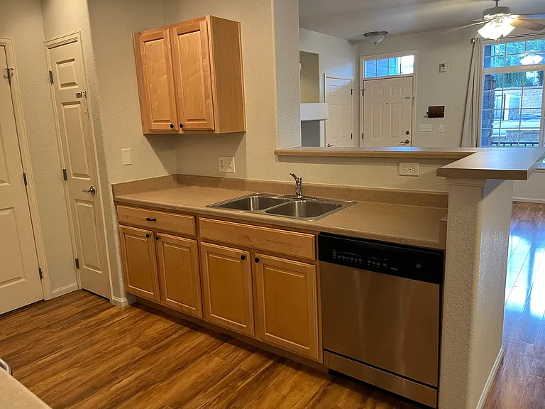 Kitchen right view of new faucet, stainless steel sink, and dishwasher.