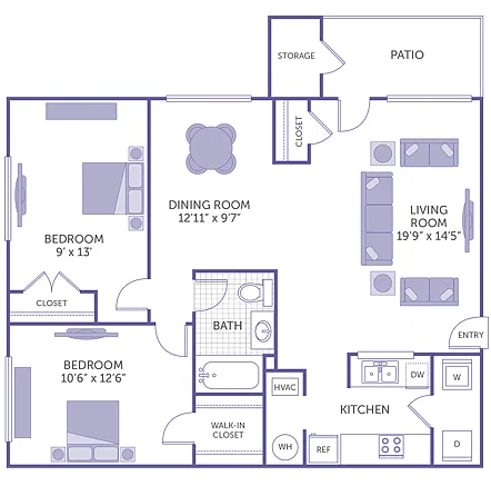 Floor plan 2 Bedroom 1 Bath Plan B