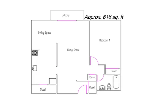 Floor plan 1 Bedroom, 1 Bath