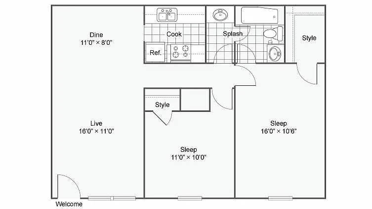 Floor plan The Miles: 2 Bedroom 1 Bath