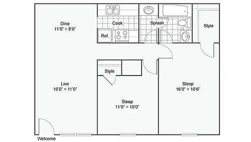 Floor plan RT106_H The Miles: 2 Bedroom 1 Bath