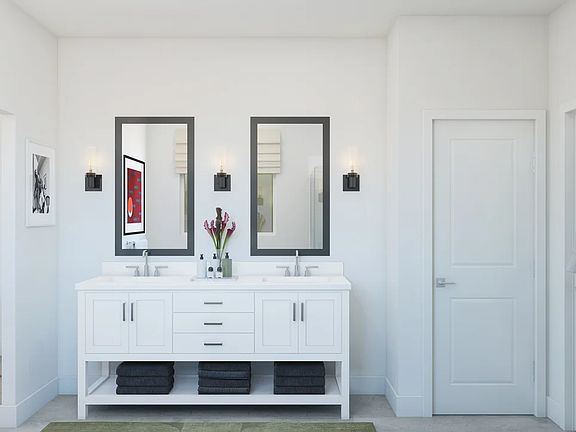 Primary bath with freestanding vanity and dual sinks