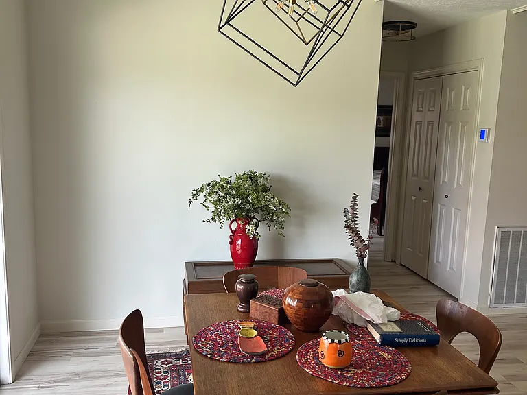 Dining area at back of living area, very sunny area, nice modern lighting