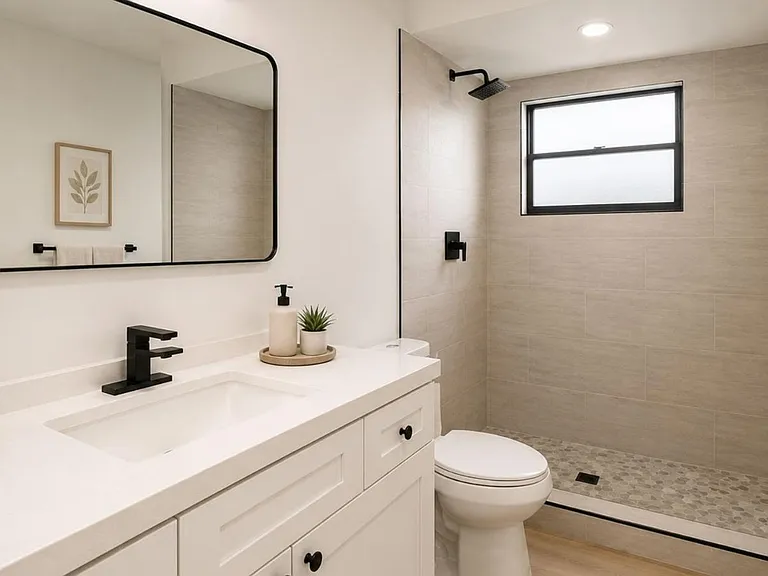 Updated bathroom with a long vanity, oversized mirror, and walk-in shower featuring tile surround and a frosted window.