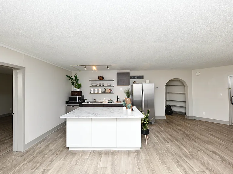 Kitchen with quartz counters and hardwood-style flooring