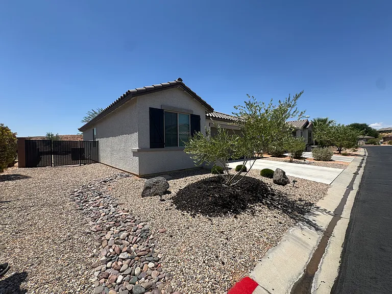 Low-maintenance side yard with gated backyard access.