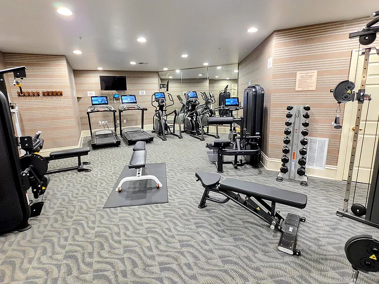 State-of-the-art fitness center fully stocked with modern treadmills, ellipticals, resistance machines, and free weights.