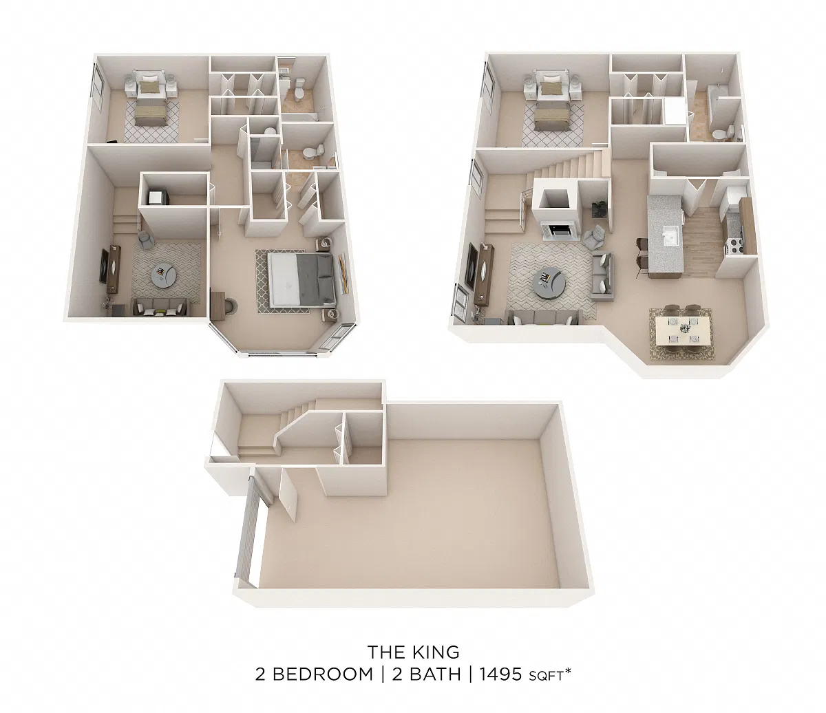 Floor plan Three Bedroom 3 Bath Townhome - 1,495 sqft