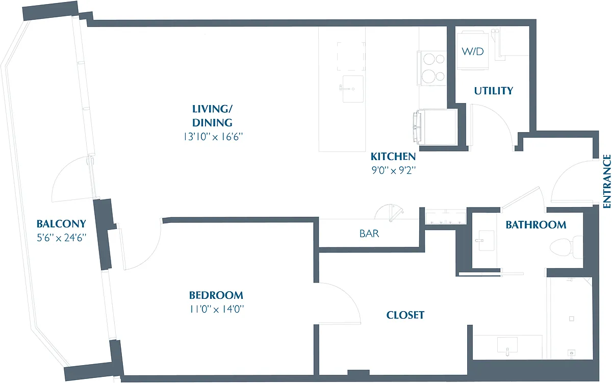 Floor plan 1BR 1BA (901 SF)