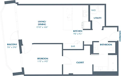 Floor plan 1BR 1BA (901 SF)