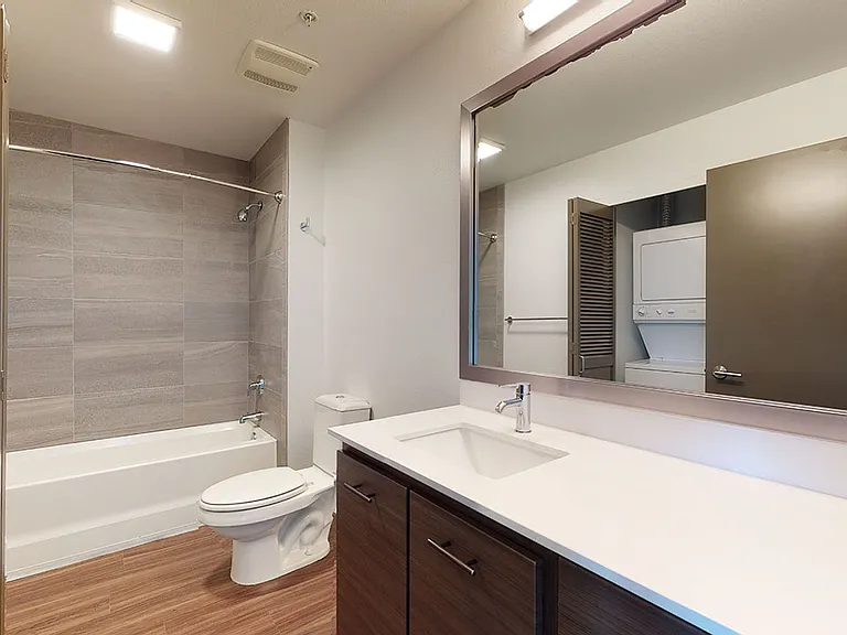 Apartment bathroom with wood-style flooring.