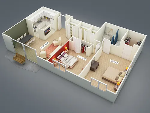 Floor plan Two Bedroom One Bath Corner Suite