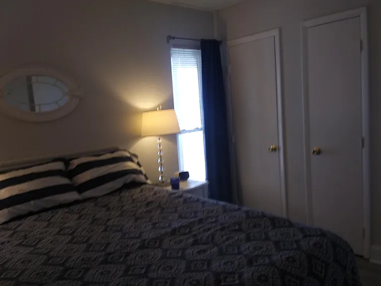 There are two closets in the bedroom and a window to bring in natural light.