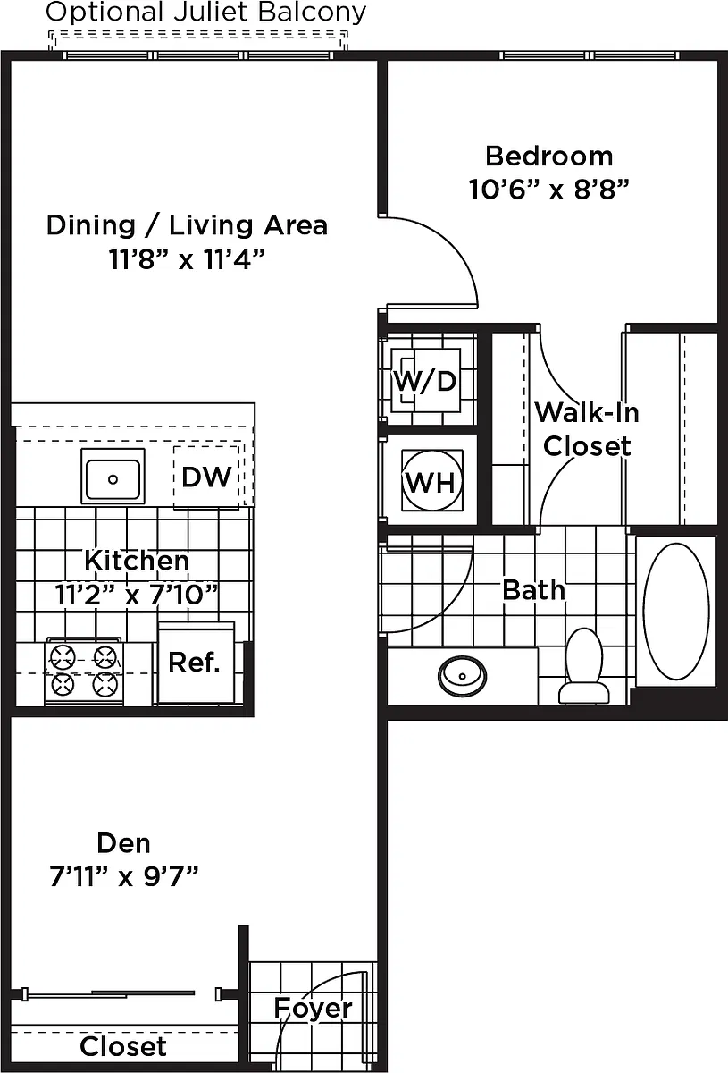 Floor plan 1 Bedroom 1 Bath + Den - AD1 Affordable 60%