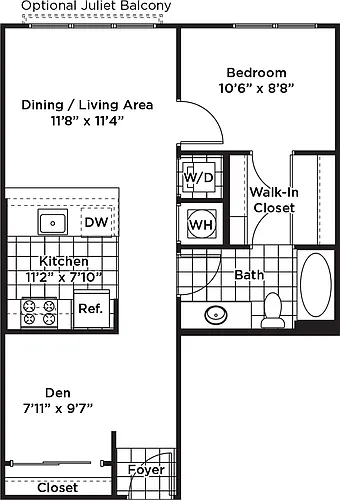 Floor plan 1 Bedroom 1 Bath + Den - AD1