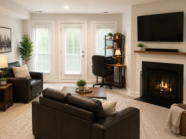 Downstairs large expansive living area or flex work area with fireplace