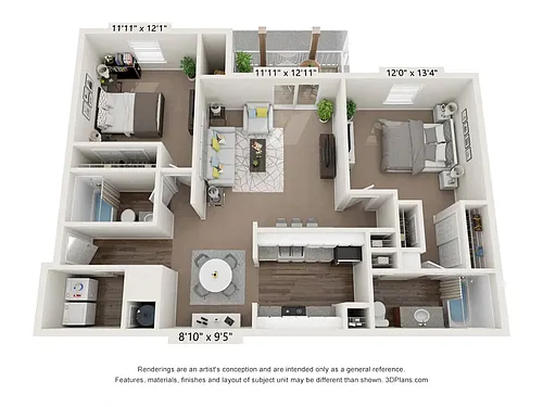 Floor plan 2 Bedroom 2 Bath 1110sf