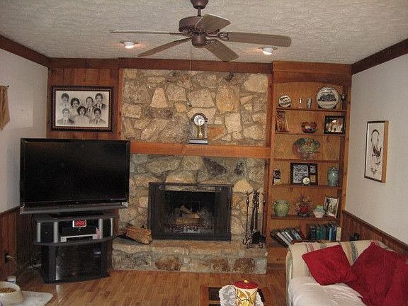 stone fireplace, new flooring