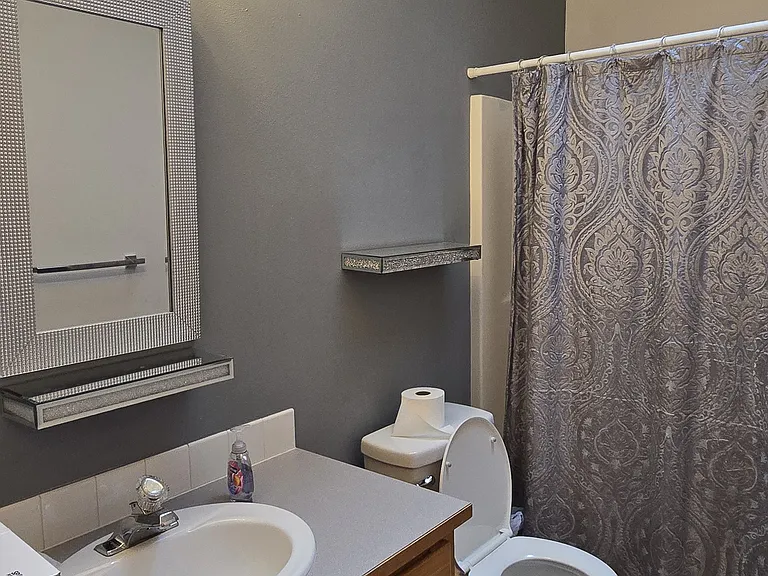 Full bath with new flooring, lighting and faucet