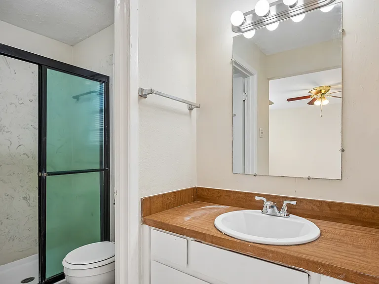 Primary bath with vanity area & separate room with shower & toilet.