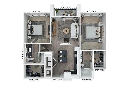 Floor plan 2BR 2BA (1077 SF)