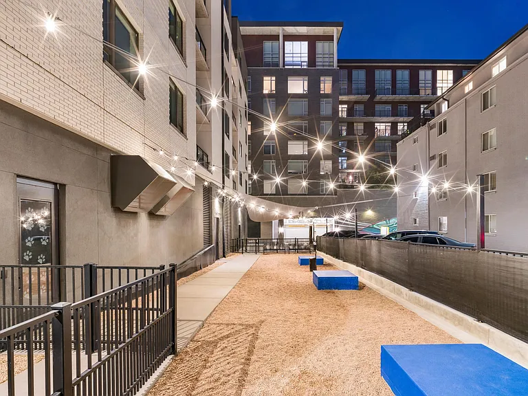 Pet run with evening lighting and built-in seating for outdoor breaks.