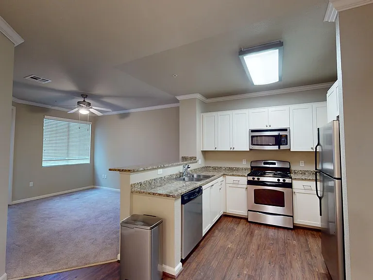 Apartment kitchen with stainless steel appliances and wood style floor and living room with carpet.