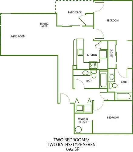 Floor plan 2x2 Bluff - 1092 SF