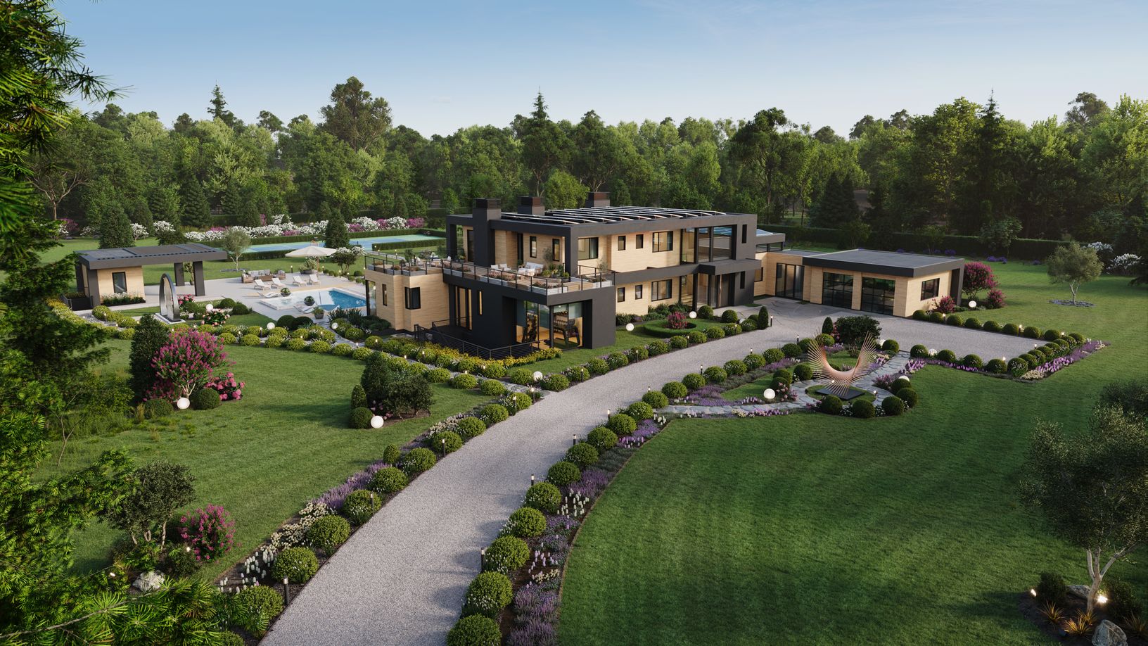 A commanding aerial perspective revealing the estate’s bold contemporary architecture.