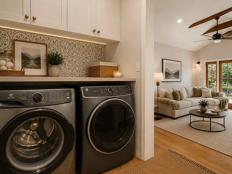 Laundry room with family room beyond