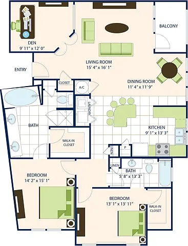 Floor plan Two Bedroom Two Bath with Den (1551 SF)