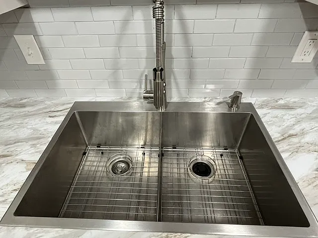 Large double stainless steel sink.