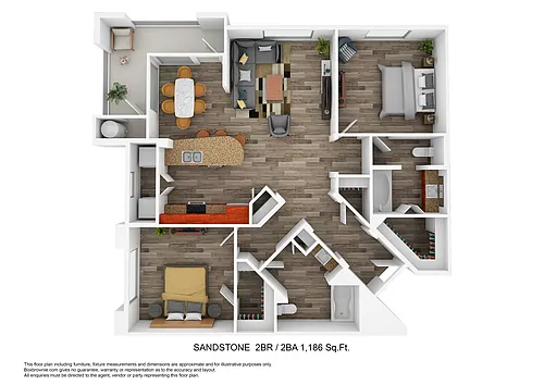 Floor plan Sandstone - Two Bedroom/Two Bath 1,186 Sq Ft