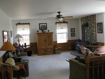 Family room with wood stove