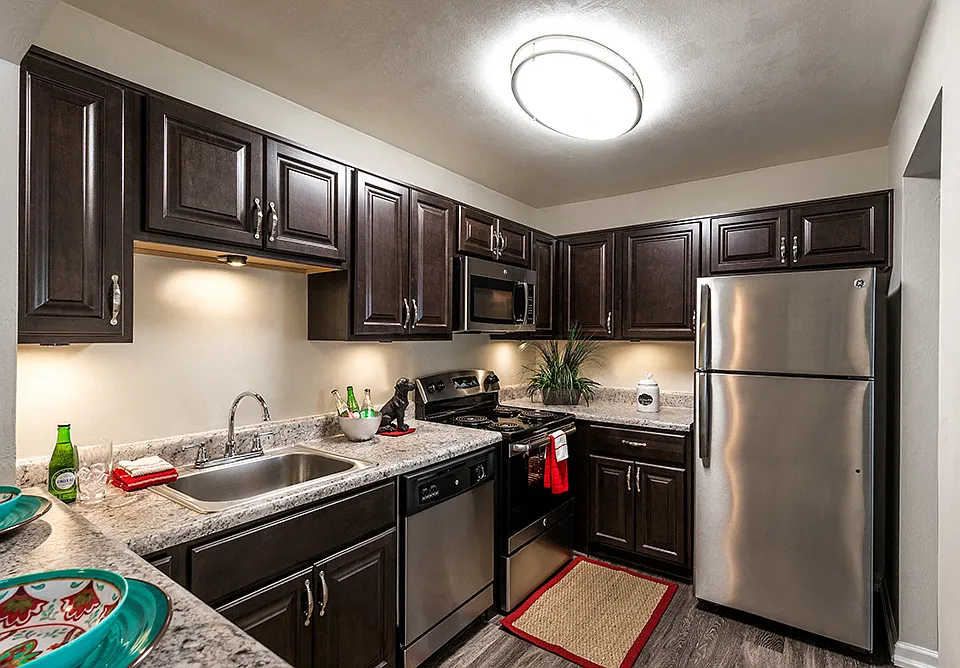 Renovated Kitchen with Stainless Steel Appliances at River Mews