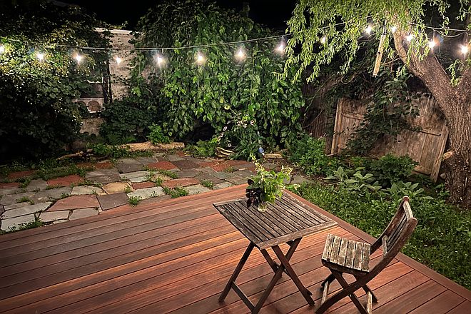 Mahogany deck, slate patio, backyard