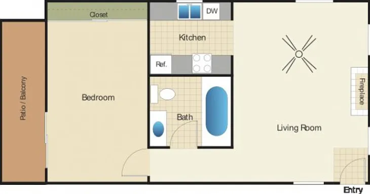 1 Bed 1 Bath Floorplan Diagram