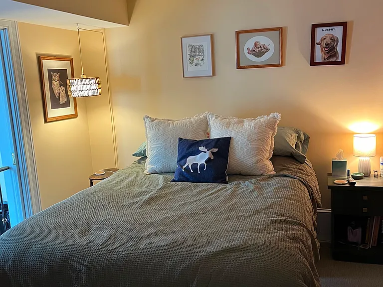 Loft bedroom with pocket doors opening toward living area and door that closes to stair hallway. Standard 8 ft ceilings.