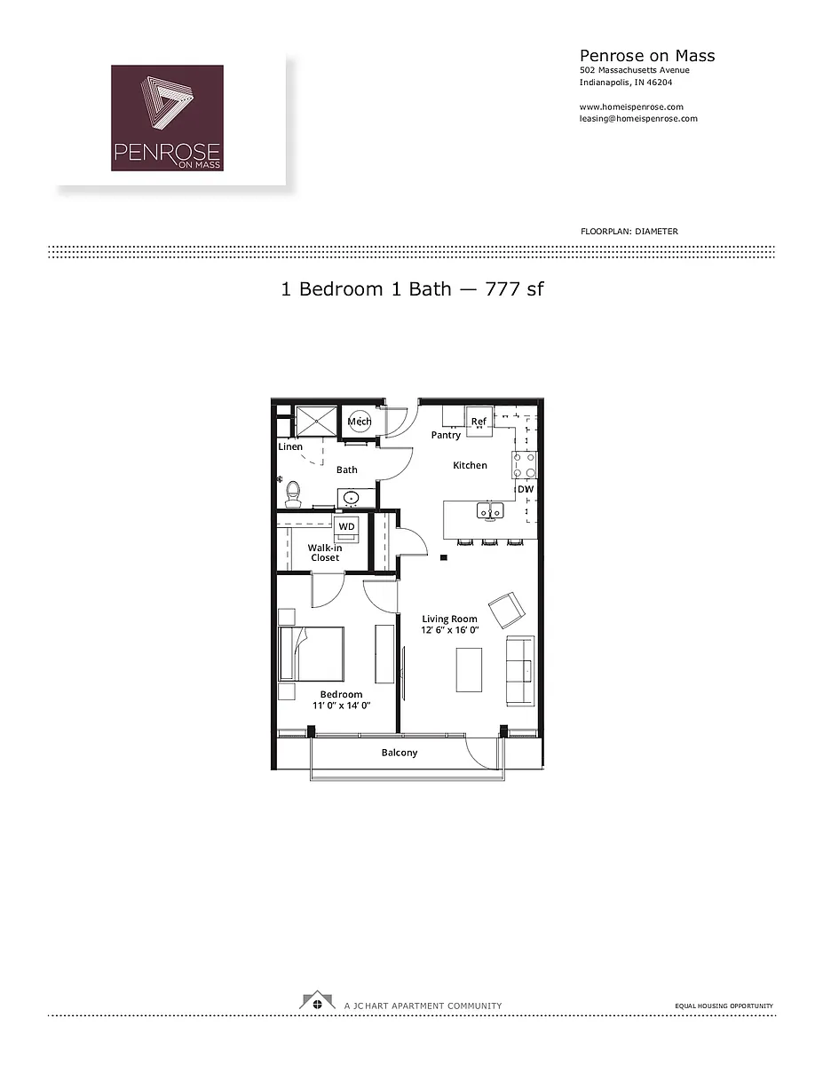 Floor plan 1BR/1B K Mass Ave Curtain Wall (shower/balc/mass)