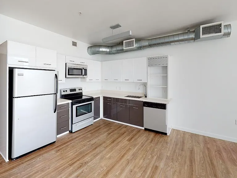 Apartment kitchen with stainless steel appliances, quartz countertops and wood-style flooring.