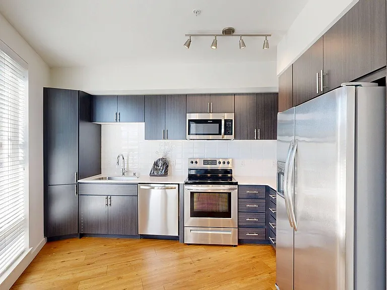 Apartment Kitchen with Stainless Steel Appliances and Wood-Style Flooring.
