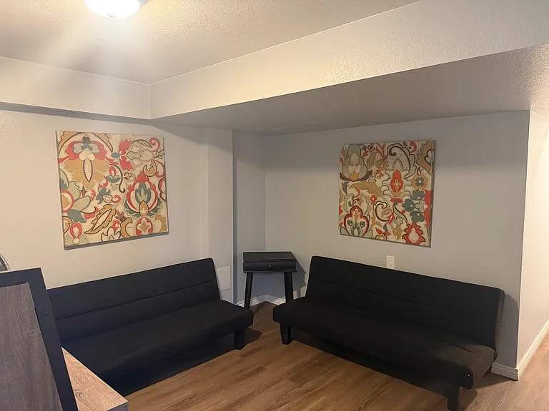 Compact common seating nook with two futon-style sofas, wood-look floors, and wall artideal for relaxing or studying.