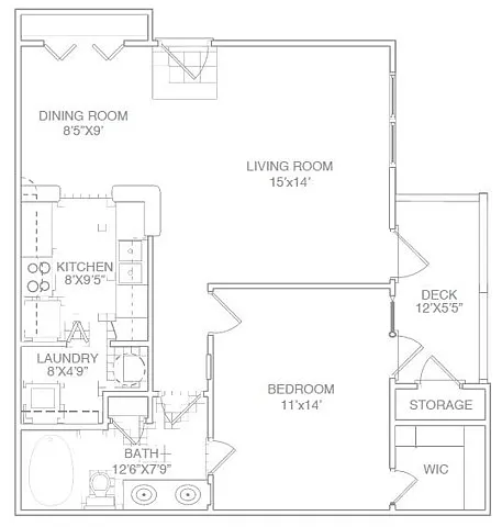 Floor plan One Bed One Bath with Patio-Renovated