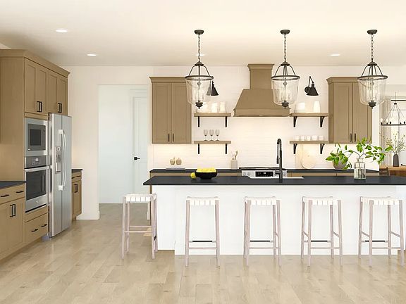 Kitchen with island, pendant lighting and open shelving