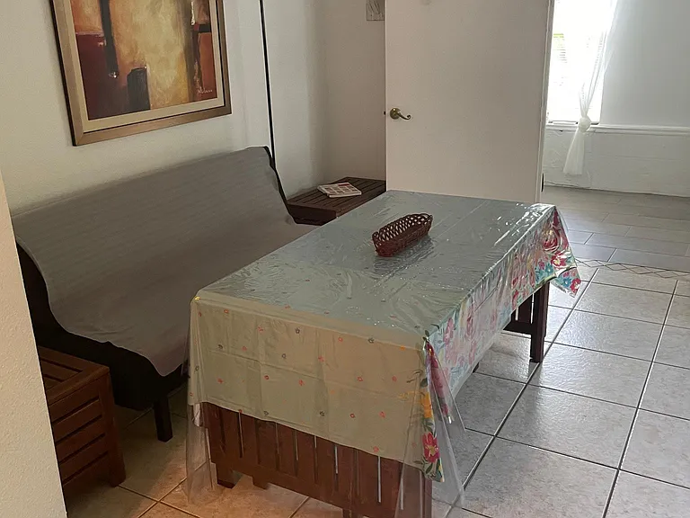 Dining area with futon if needed. up to 12 people if unfolded.