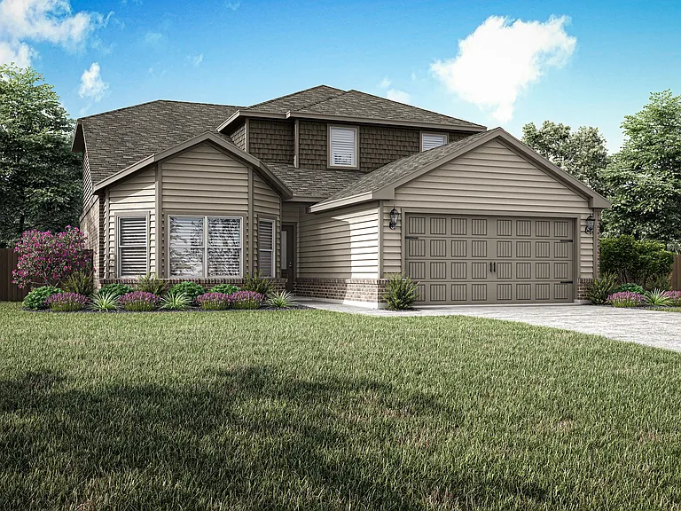 The two-story Gideon floor plan is a beautiful siding home with brick accents.